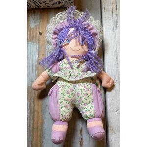 Vintage Kids of America Rag Doll Lavender Hair Floral Outfit Cloth Doll